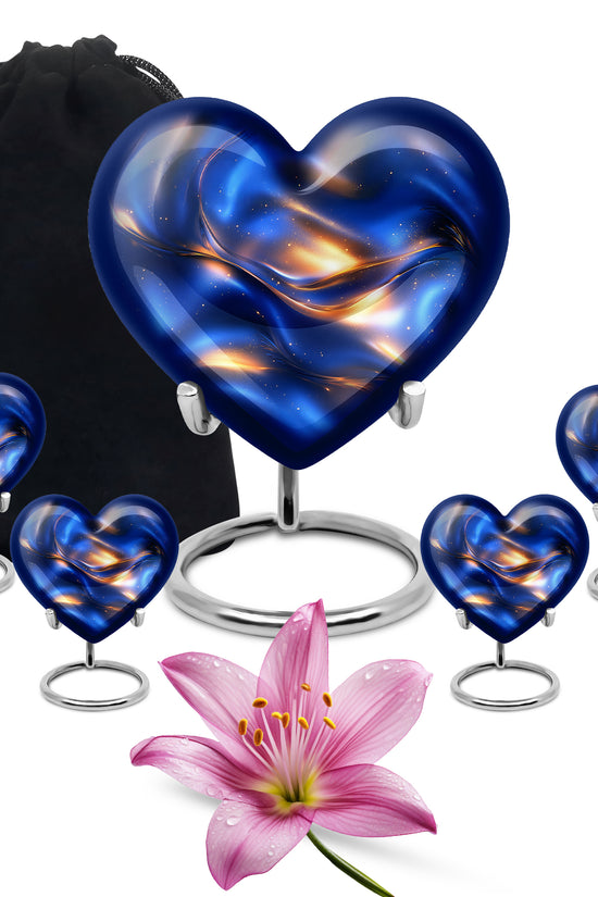 Misty Blue Blue Cremation Urn close-up of engraving and surface detail - loving heart memorial featuring blue pattern - memorial set with one large and four small urns