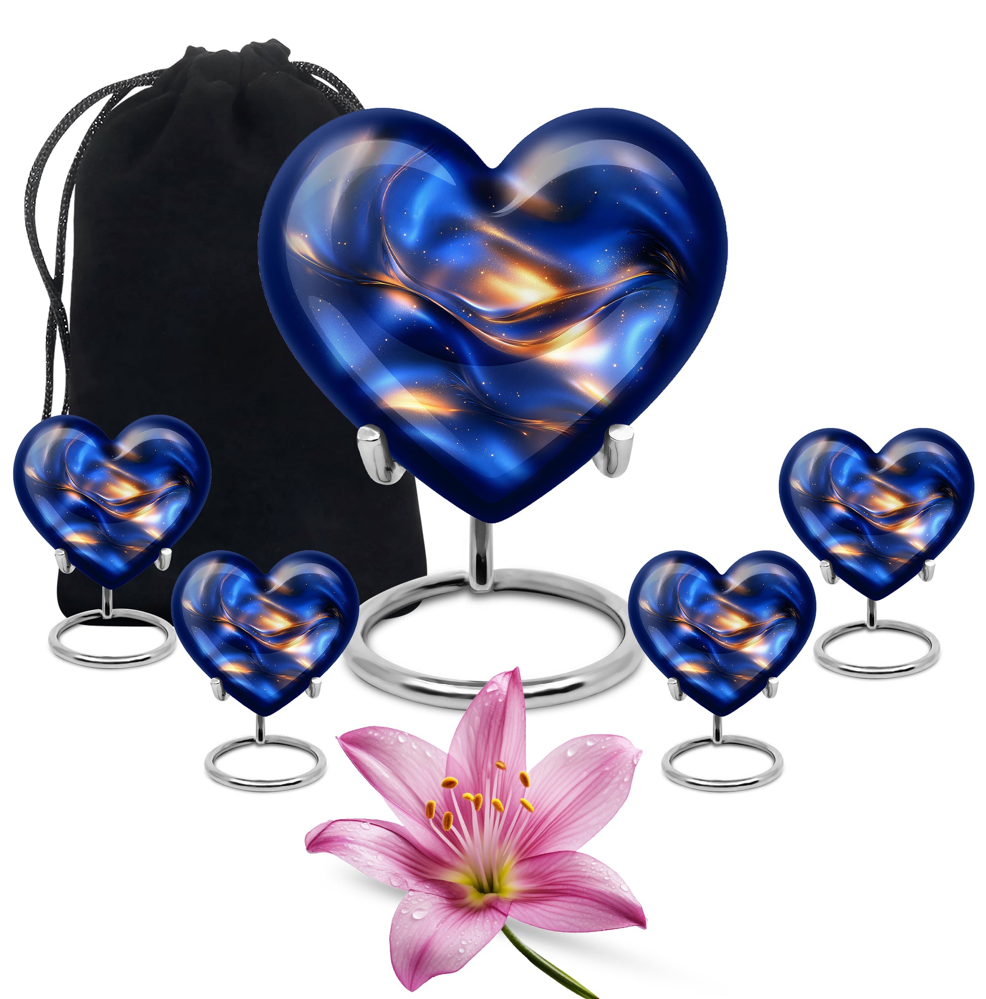 Misty Blue Blue Cremation Urn close-up of engraving and surface detail - loving heart memorial featuring blue pattern - memorial set with one large and four small urns