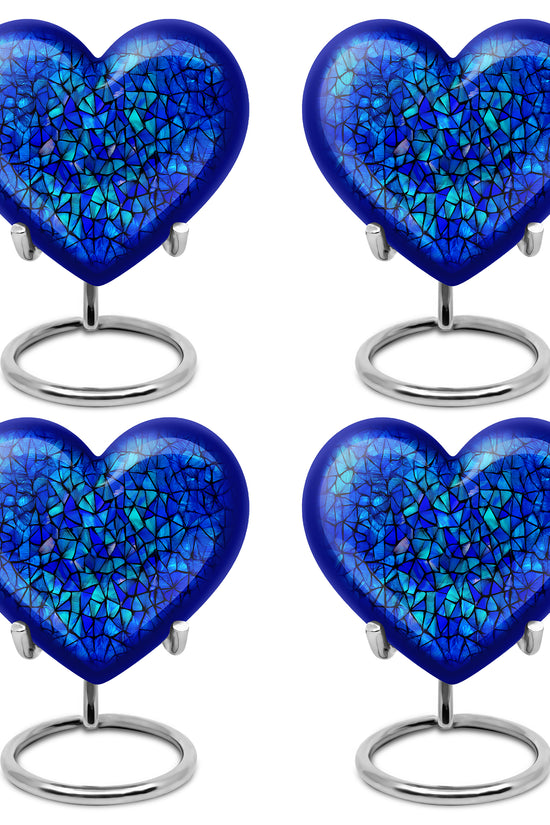 Calming Blue Blue Cremation Urn angled view of lid and engraved motif - romantic heart urn with blue motif on aluminum - 10 inch aluminum urn for cremated remains