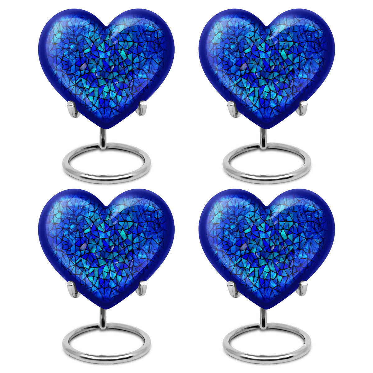 Calming Blue Blue Cremation Urn angled view of lid and engraved motif - romantic heart urn with blue motif on aluminum - 10 inch aluminum urn for cremated remains