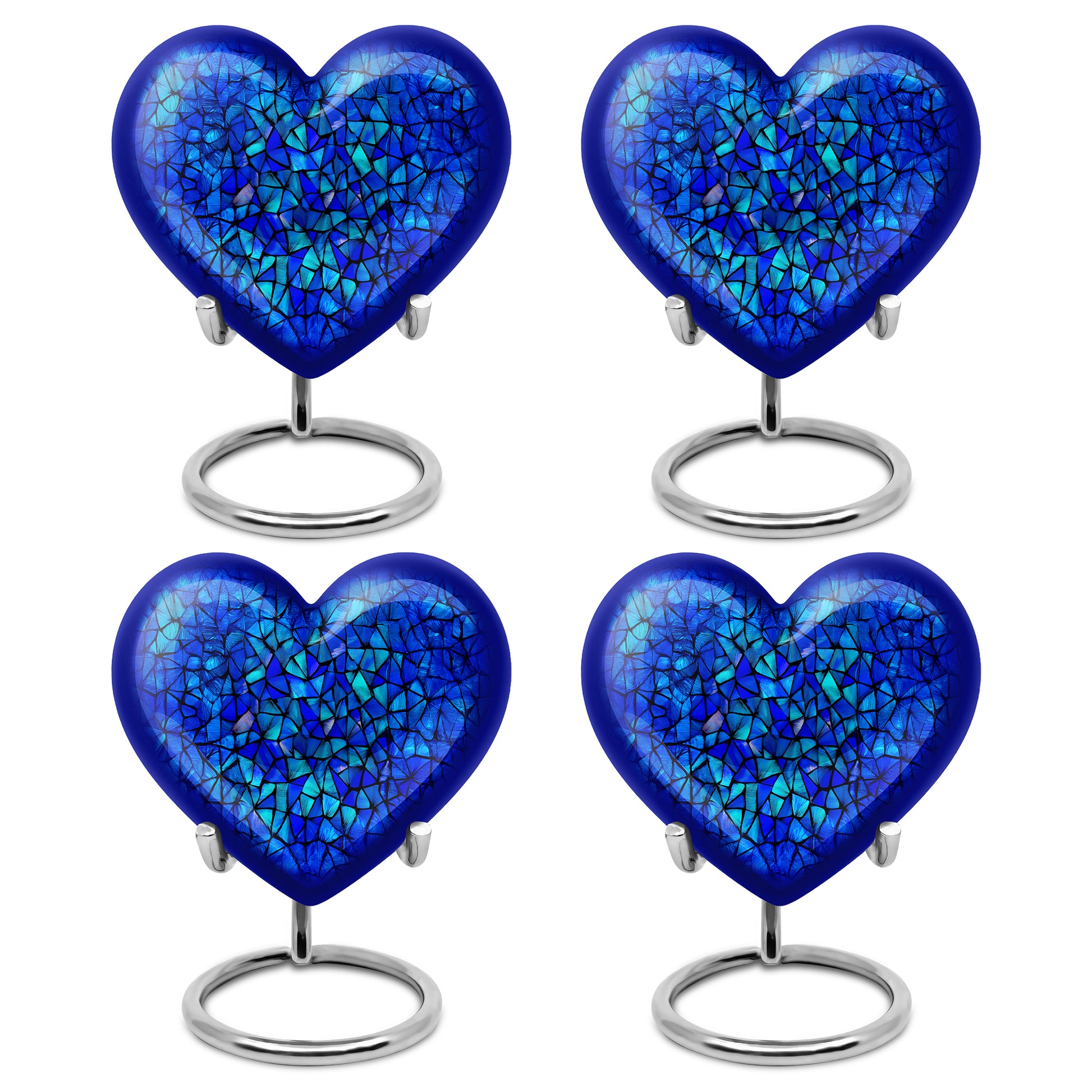 Calming Blue Blue Cremation Urn angled view of lid and engraved motif - romantic heart urn with blue motif on aluminum - 10 inch aluminum urn for cremated remains