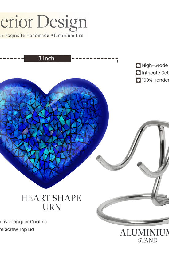 Sky Blue Blue Cremation Urn front view showing detailed design - heart-shaped blue design symbolizing eternal love - mini keepsake memorial for portion of cremation ashes