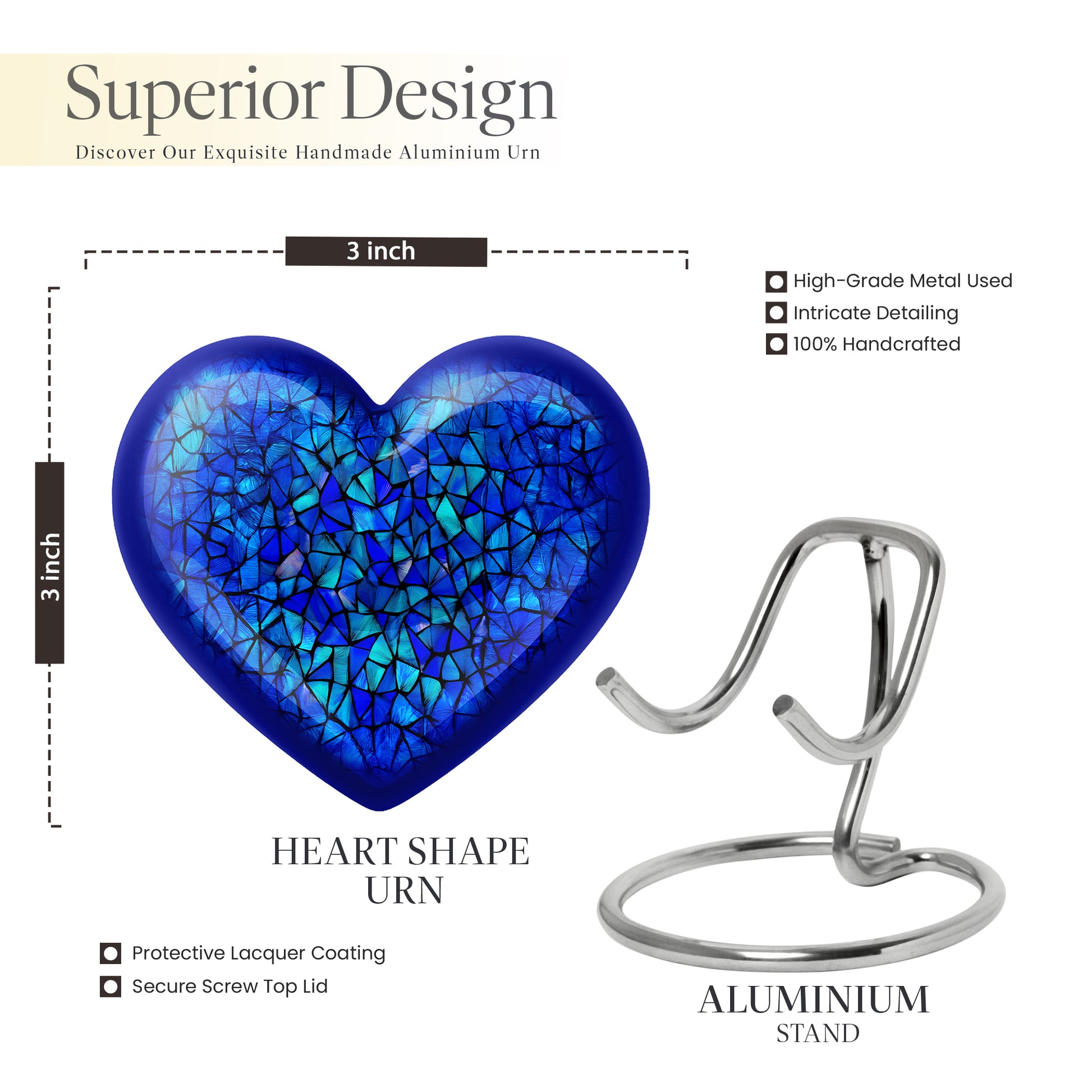 Sky Blue Blue Cremation Urn front view showing detailed design - heart-shaped blue design symbolizing eternal love - mini keepsake memorial for portion of cremation ashes