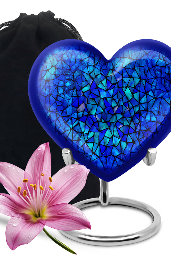Royal Blue Blue Cremation Urn detail view - romantic heart urn with blue motif on aluminum - full-size 10 inch 200 cubic inch adult cremation urn