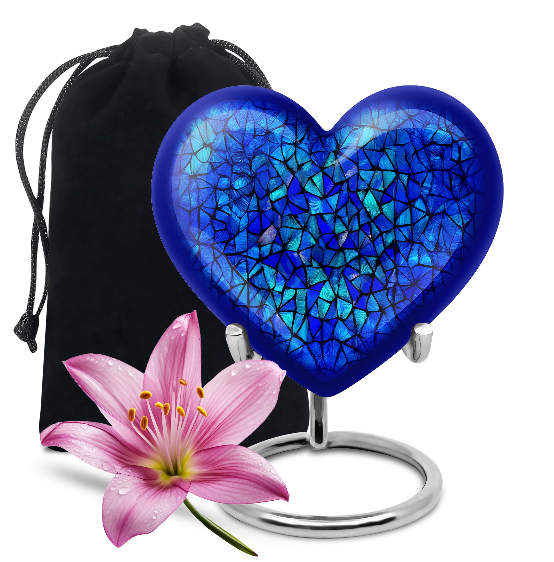 Royal Blue Blue Cremation Urn detail view - romantic heart urn with blue motif on aluminum - full-size 10 inch 200 cubic inch adult cremation urn