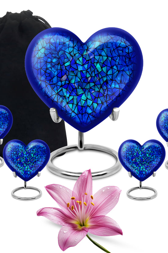 Steel Blue Blue Cremation Urn close-up of engraving and surface detail - romantic heart urn with blue motif on aluminum - memorial set with one large and four small urns