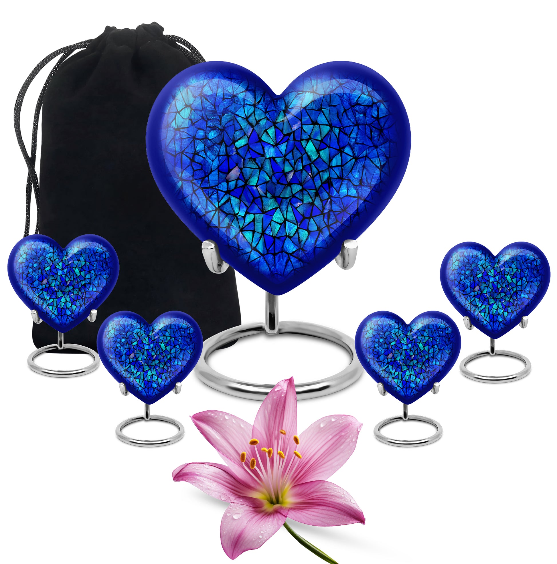 Steel Blue Blue Cremation Urn close-up of engraving and surface detail - romantic heart urn with blue motif on aluminum - memorial set with one large and four small urns