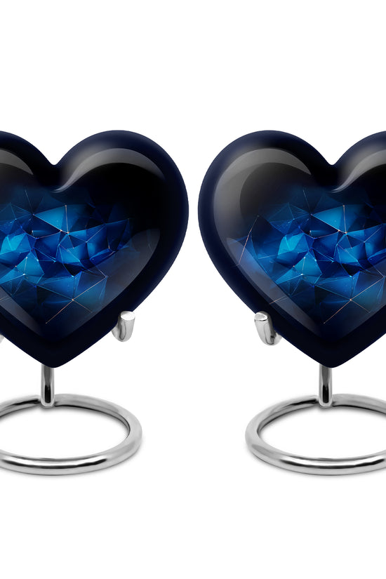 Soft Blue Blue Cremation Urn angled view of lid and engraved motif - compassionate heart-blue combination with gentle curves - 10 inch aluminum urn for cremated remains