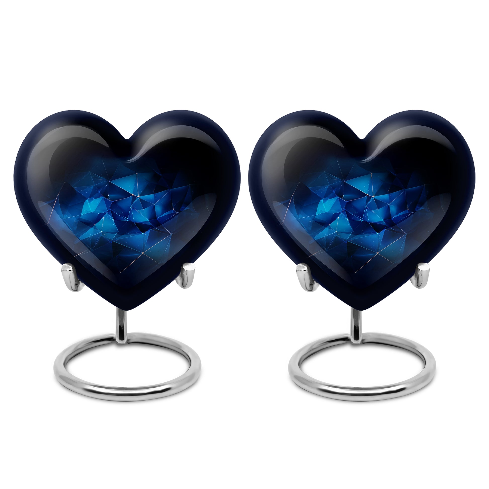 Soft Blue Blue Cremation Urn angled view of lid and engraved motif - compassionate heart-blue combination with gentle curves - 10 inch aluminum urn for cremated remains