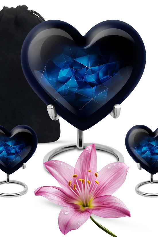 Sky Blue Blue Cremation Urn close-up of engraving and surface detail - heart-shaped blue design symbolizing eternal love - memorial set with one large and four small urns