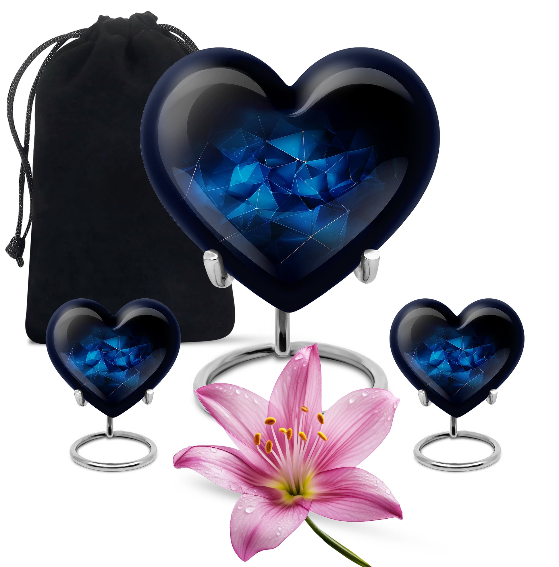 Sky Blue Blue Cremation Urn close-up of engraving and surface detail - heart-shaped blue design symbolizing eternal love - memorial set with one large and four small urns