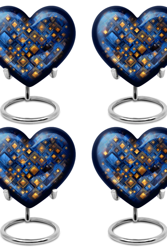 Twilight Blue Blue Cremation Urn angled view of lid and engraved motif - compassionate heart-blue combination with gentle curves - 10 inch aluminum urn for cremated remains