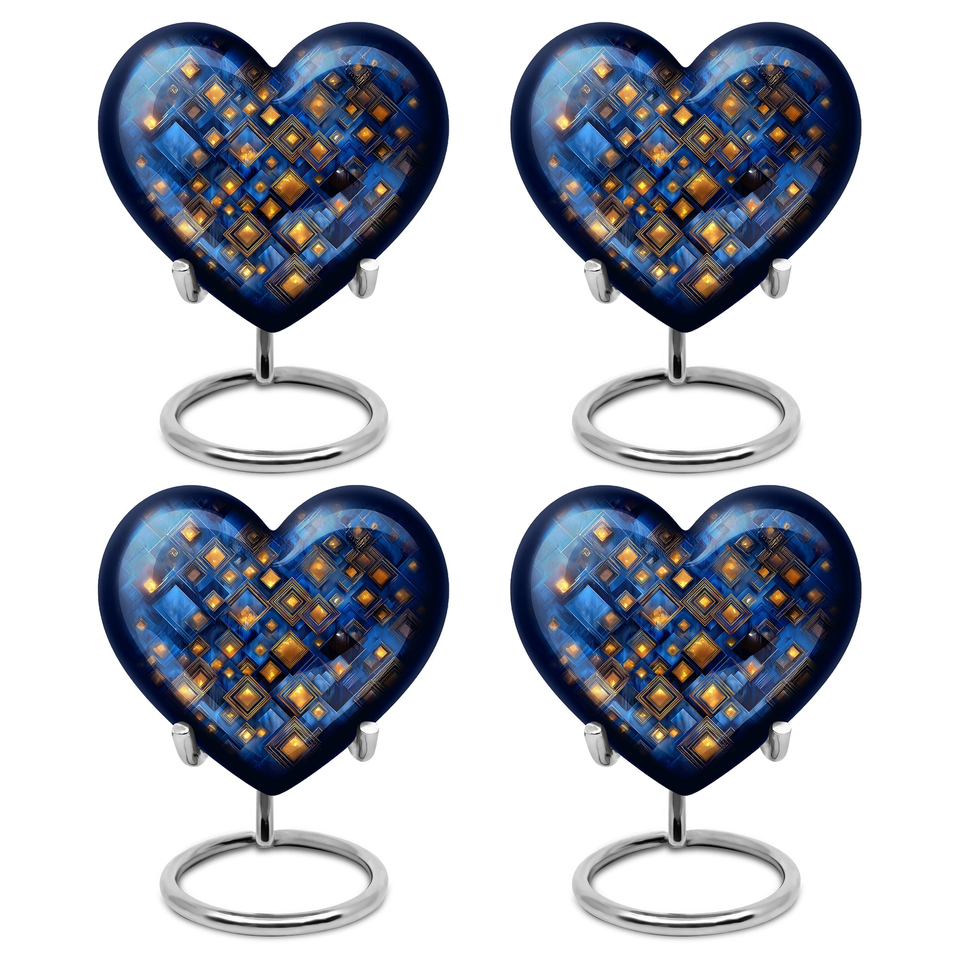 Twilight Blue Blue Cremation Urn angled view of lid and engraved motif - compassionate heart-blue combination with gentle curves - 10 inch aluminum urn for cremated remains