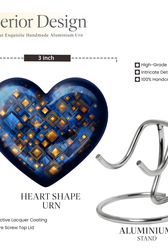 Slate Blue Blue Cremation Urn front view showing detailed design - loving heart memorial featuring blue pattern - mini keepsake memorial for portion of cremation ashes