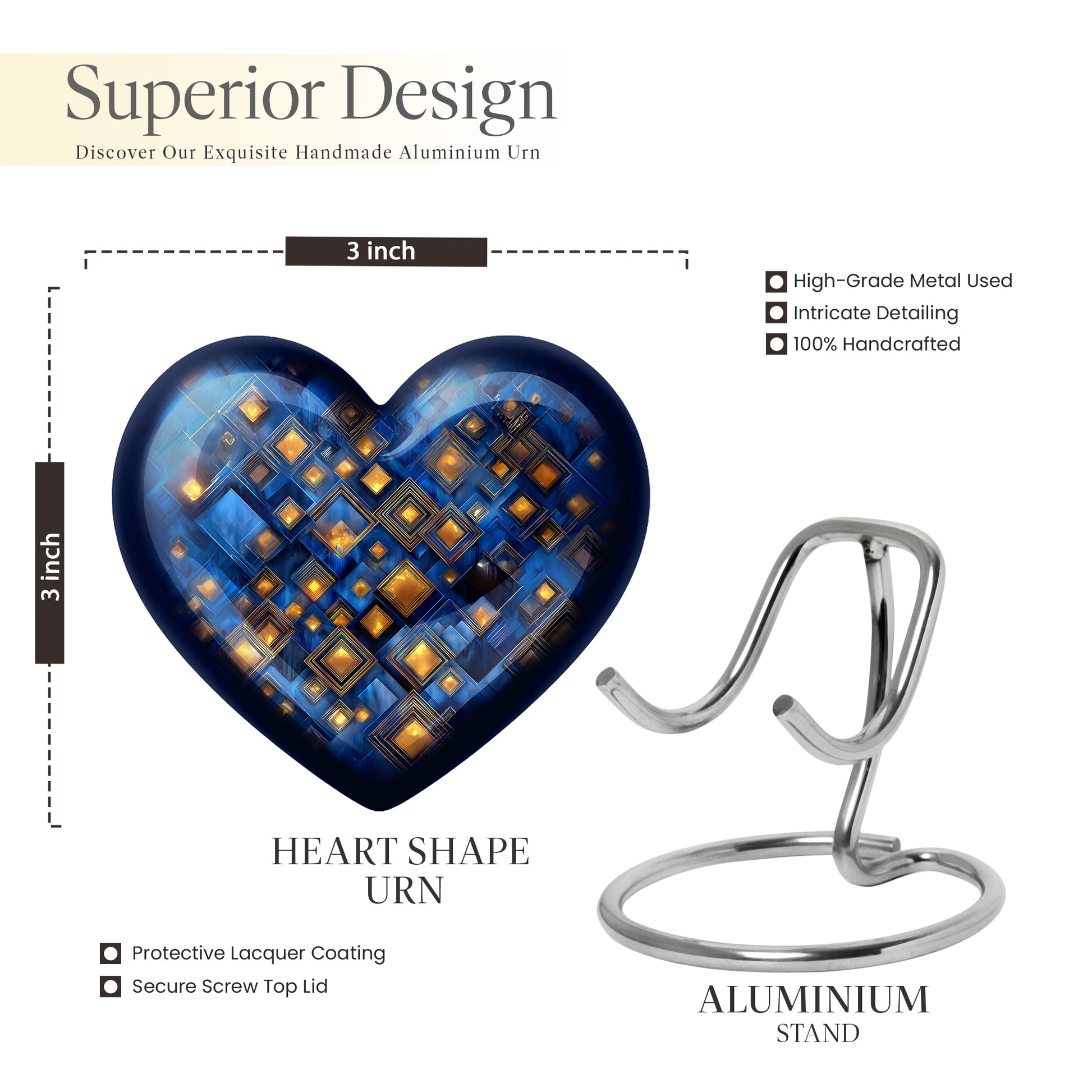 Slate Blue Blue Cremation Urn front view showing detailed design - loving heart memorial featuring blue pattern - mini keepsake memorial for portion of cremation ashes