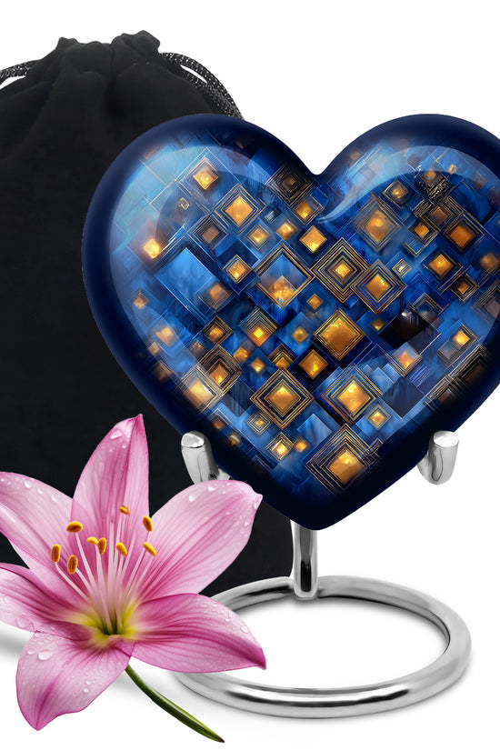 Azure Blue Cremation Urn detail view - loving heart memorial featuring blue pattern - full-size 10 inch 200 cubic inch adult cremation urn