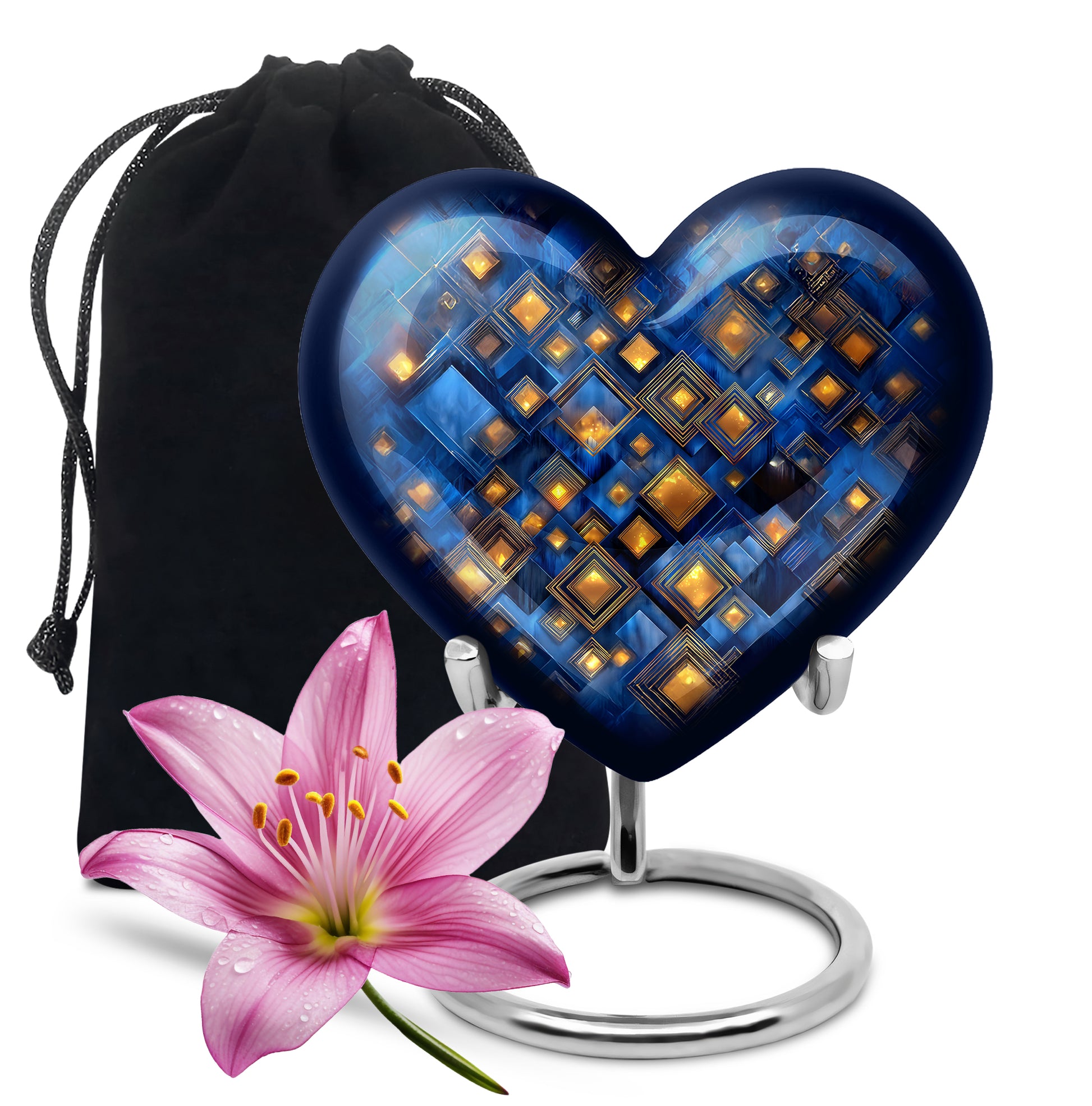 Azure Blue Cremation Urn detail view - loving heart memorial featuring blue pattern - full-size 10 inch 200 cubic inch adult cremation urn