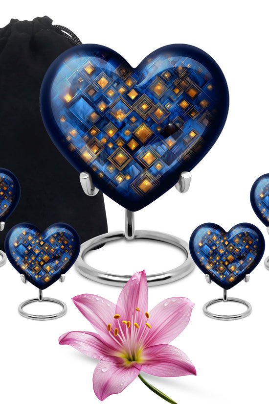 Azure Blue Cremation Urn close-up of engraving and surface detail - heart-shaped blue design symbolizing eternal love - memorial set with one large and four small urns