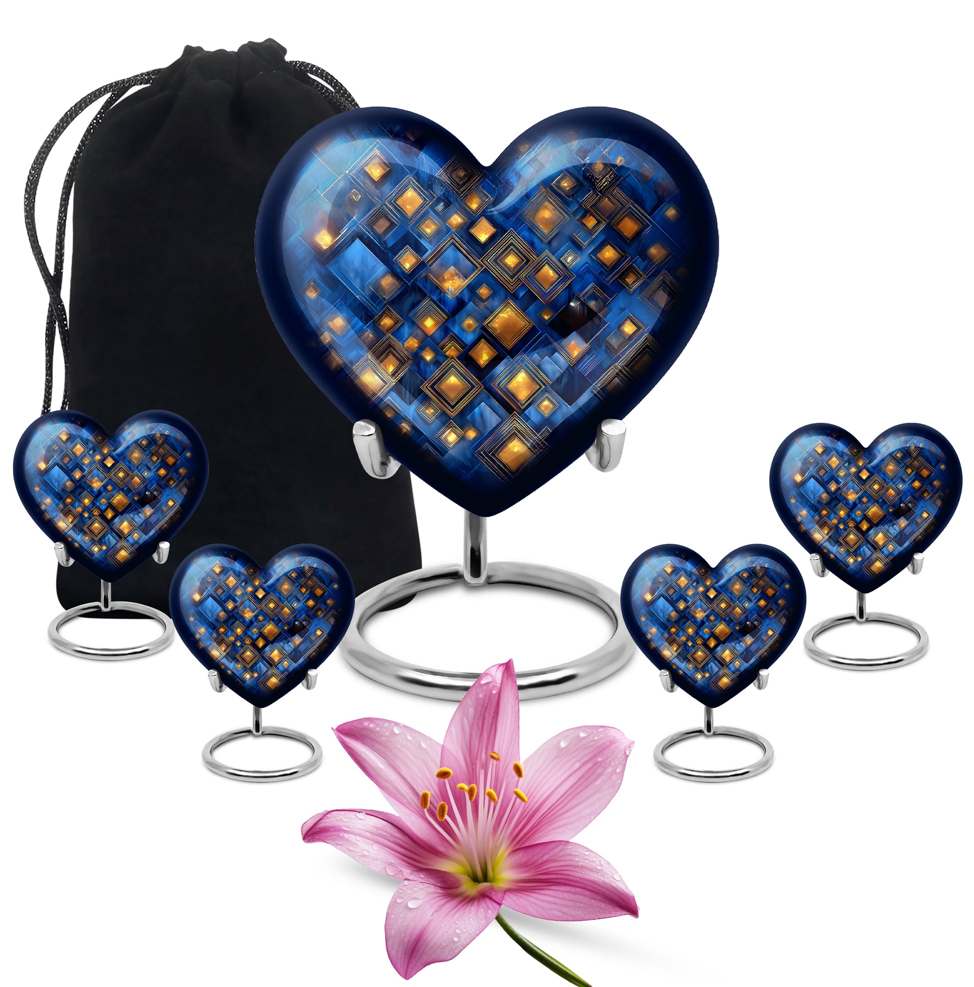 Azure Blue Cremation Urn close-up of engraving and surface detail - heart-shaped blue design symbolizing eternal love - memorial set with one large and four small urns