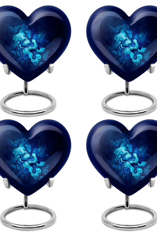 Cornflower Blue Blue Cremation Urn angled view of lid and engraved motif - romantic heart urn with blue motif on aluminum - 10 inch aluminum urn for cremated remains