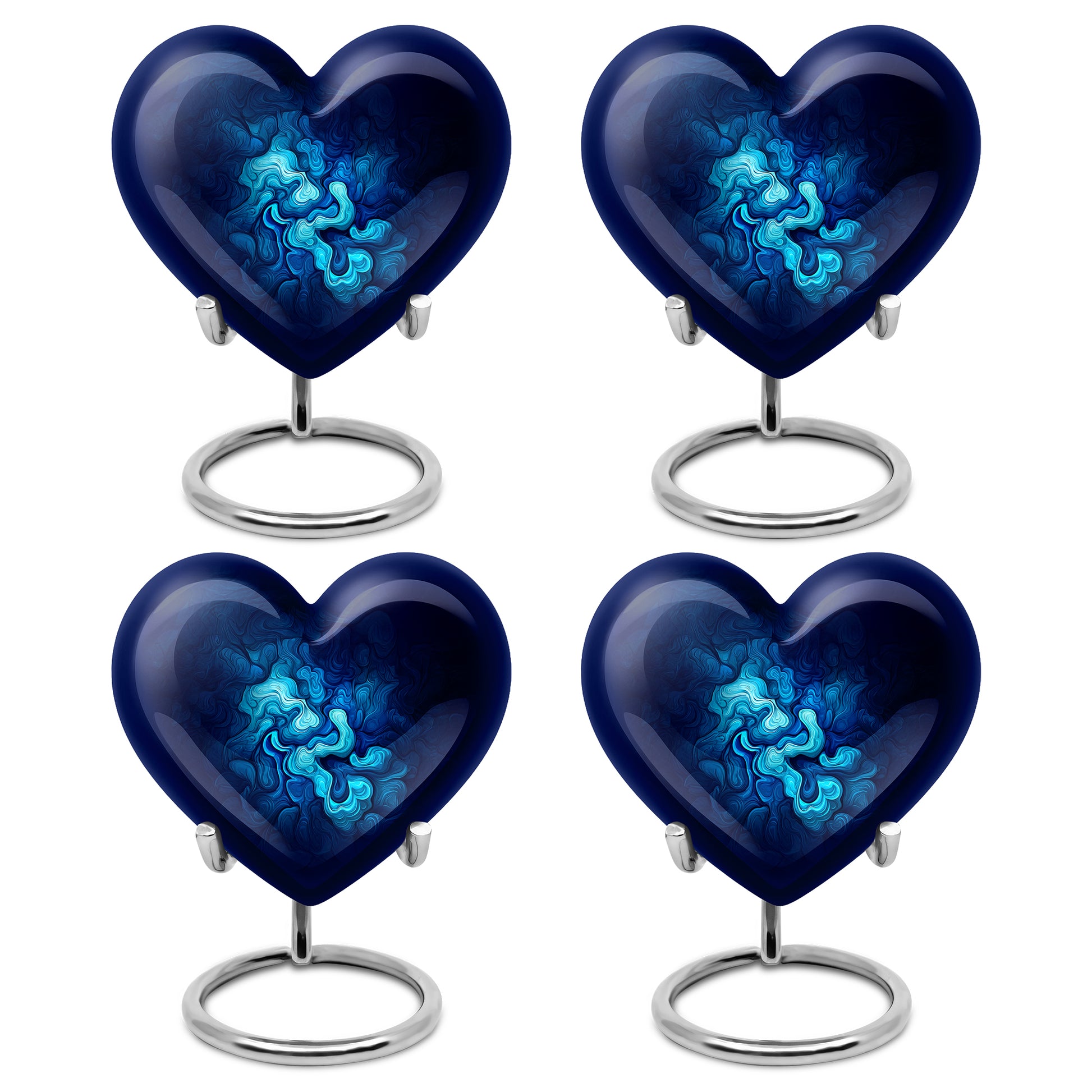Cornflower Blue Blue Cremation Urn angled view of lid and engraved motif - romantic heart urn with blue motif on aluminum - 10 inch aluminum urn for cremated remains