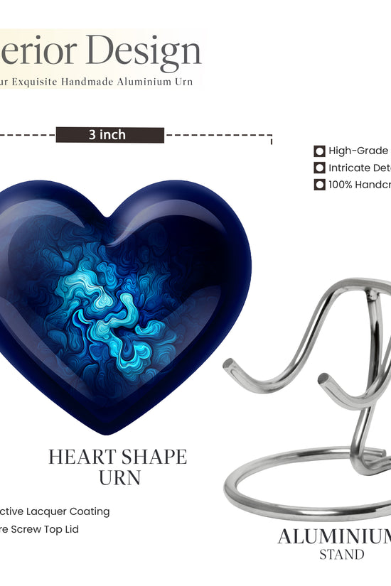 Royal Blue Blue Cremation Urn front view showing detailed design - compassionate heart-blue combination with gentle curves - mini keepsake memorial for portion of cremation ashes