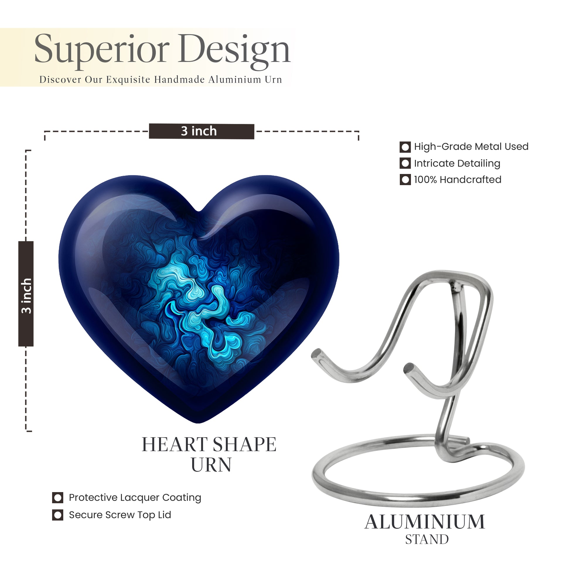 Royal Blue Blue Cremation Urn front view showing detailed design - compassionate heart-blue combination with gentle curves - mini keepsake memorial for portion of cremation ashes