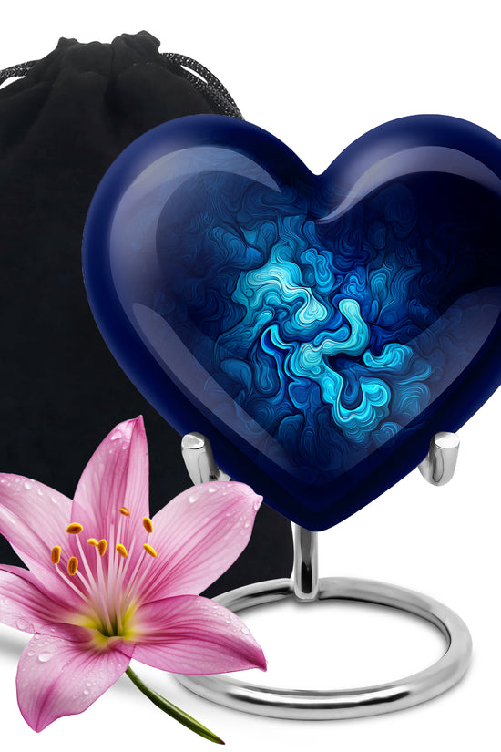 Indigo Blue Cremation Urn detail view - heart-shaped blue design symbolizing eternal love - full-size 10 inch 200 cubic inch adult cremation urn