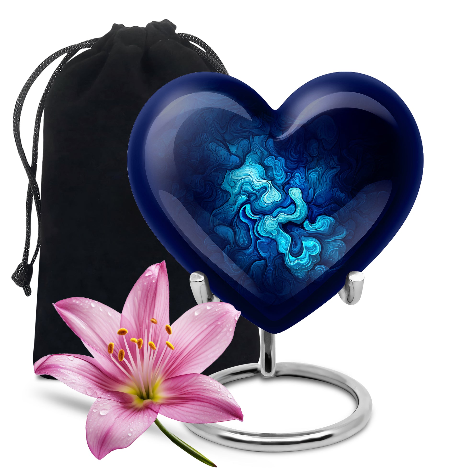 Indigo Blue Cremation Urn detail view - heart-shaped blue design symbolizing eternal love - full-size 10 inch 200 cubic inch adult cremation urn