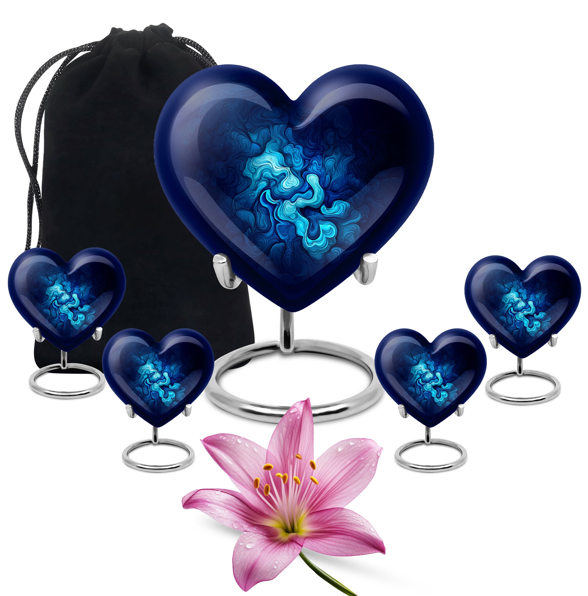 Misty Blue Blue Cremation Urn close-up of engraving and surface detail - heart-shaped blue design symbolizing eternal love - memorial set with one large and four small urns