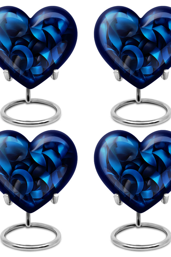 Midnight Black Blue Cremation Urn angled view of lid and engraved motif - romantic heart urn with blue motif on aluminum - 10 inch aluminum urn for cremated remains