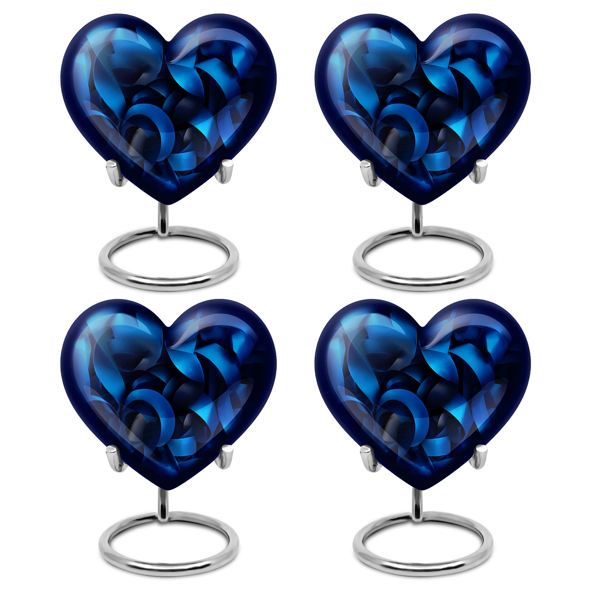 Midnight Black Blue Cremation Urn angled view of lid and engraved motif - romantic heart urn with blue motif on aluminum - 10 inch aluminum urn for cremated remains