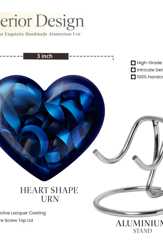 Obsidian Black Blue Cremation Urn front view showing detailed design - romantic heart urn with blue motif on aluminum - mini keepsake memorial for portion of cremation ashes