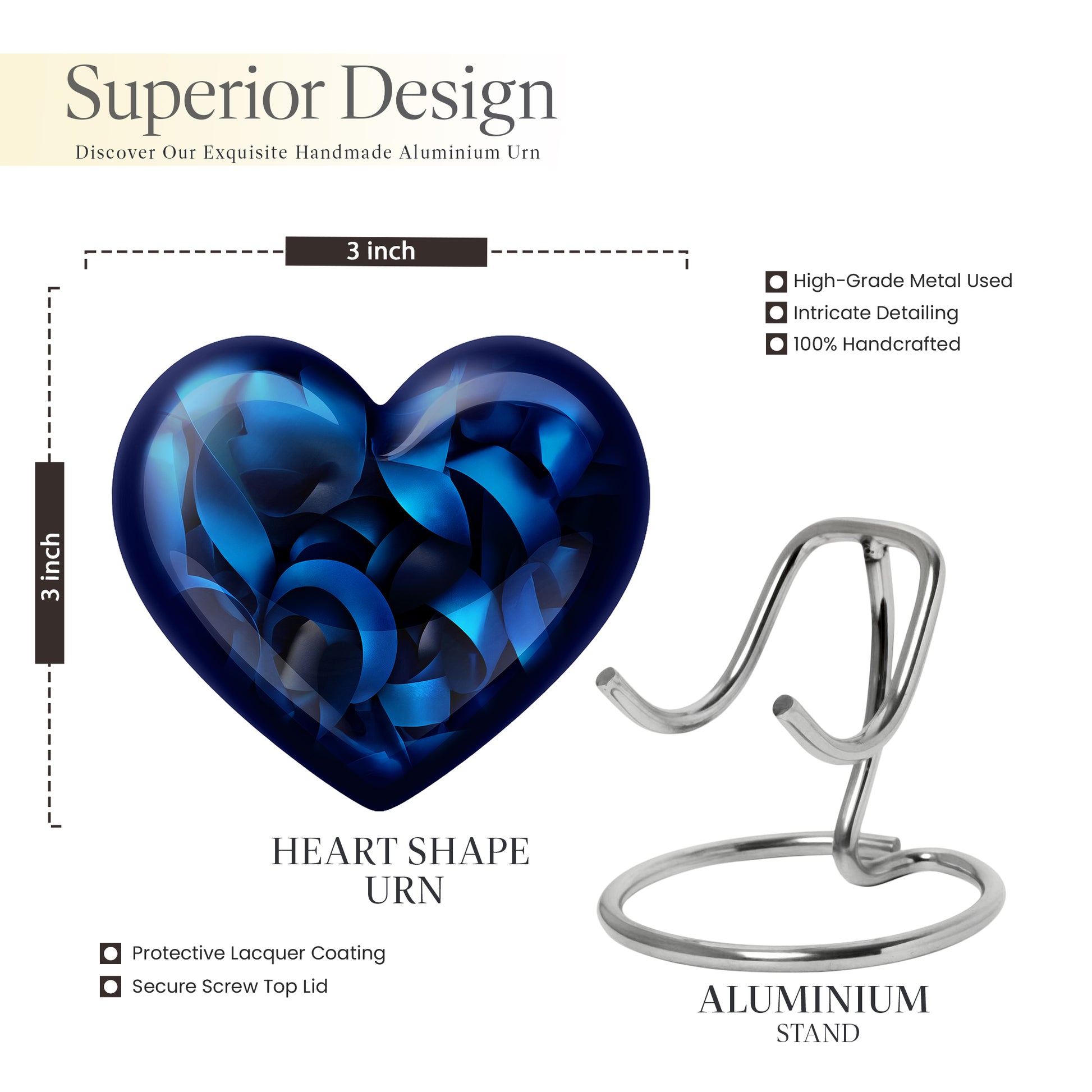 Obsidian Black Blue Cremation Urn front view showing detailed design - romantic heart urn with blue motif on aluminum - mini keepsake memorial for portion of cremation ashes