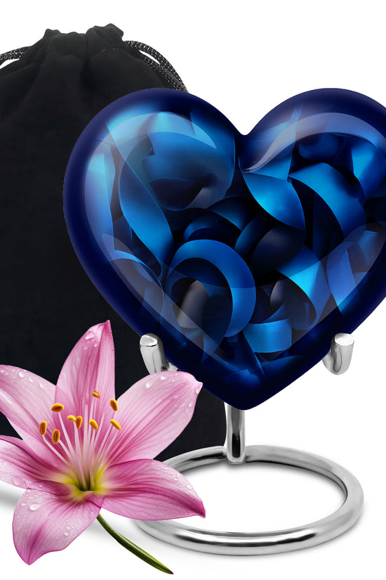 Dark Black Blue Cremation Urn detail view - compassionate heart-blue combination with gentle curves - full-size 10 inch 200 cubic inch adult cremation urn