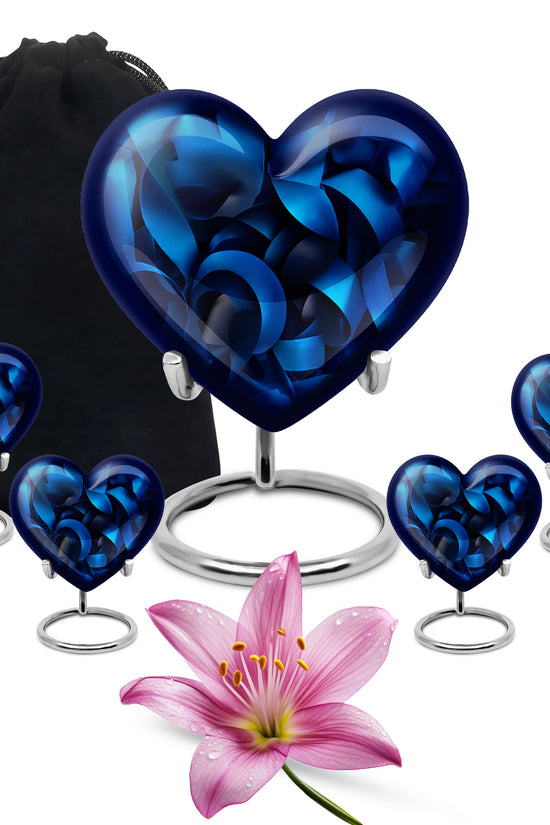 Ebony Blue Cremation Urn close-up of engraving and surface detail - loving heart memorial featuring blue pattern - memorial set with one large and four small urns