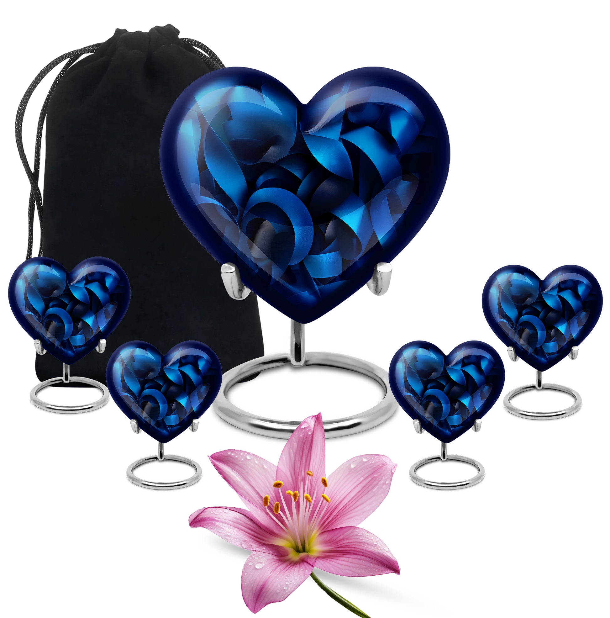 Ebony Blue Cremation Urn close-up of engraving and surface detail - loving heart memorial featuring blue pattern - memorial set with one large and four small urns