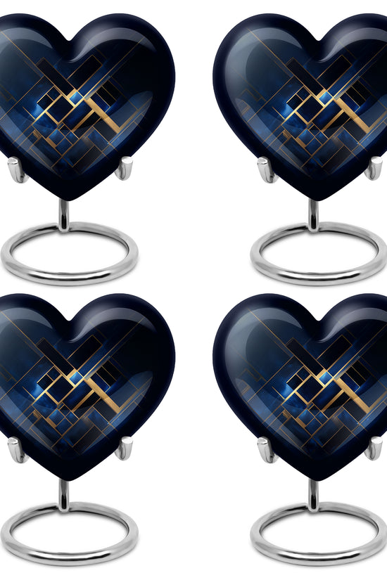Indigo Blue Cremation Urn angled view of lid and engraved motif - loving heart memorial featuring blue pattern - 10 inch aluminum urn for cremated remains