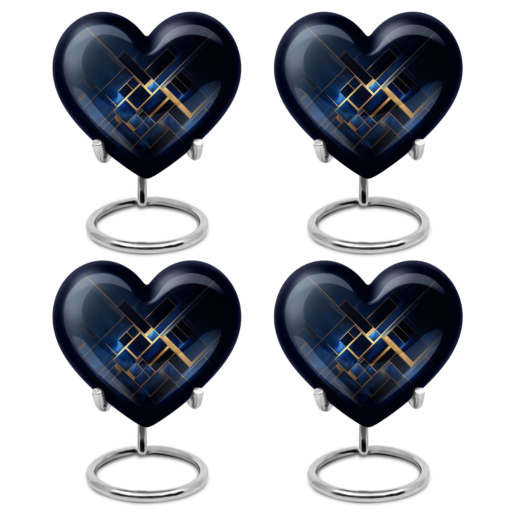 Indigo Blue Cremation Urn angled view of lid and engraved motif - loving heart memorial featuring blue pattern - 10 inch aluminum urn for cremated remains