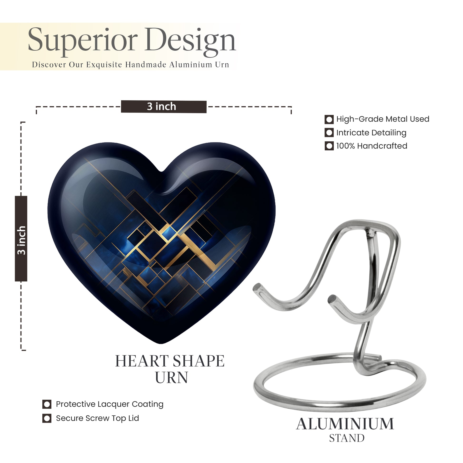 Slate Blue Blue Cremation Urn front view showing detailed design - loving heart memorial featuring blue pattern - mini keepsake memorial for portion of cremation ashes
