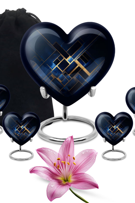 Dusty Blue Blue Cremation Urn close-up of engraving and surface detail - loving heart memorial featuring blue pattern - memorial set with one large and four small urns