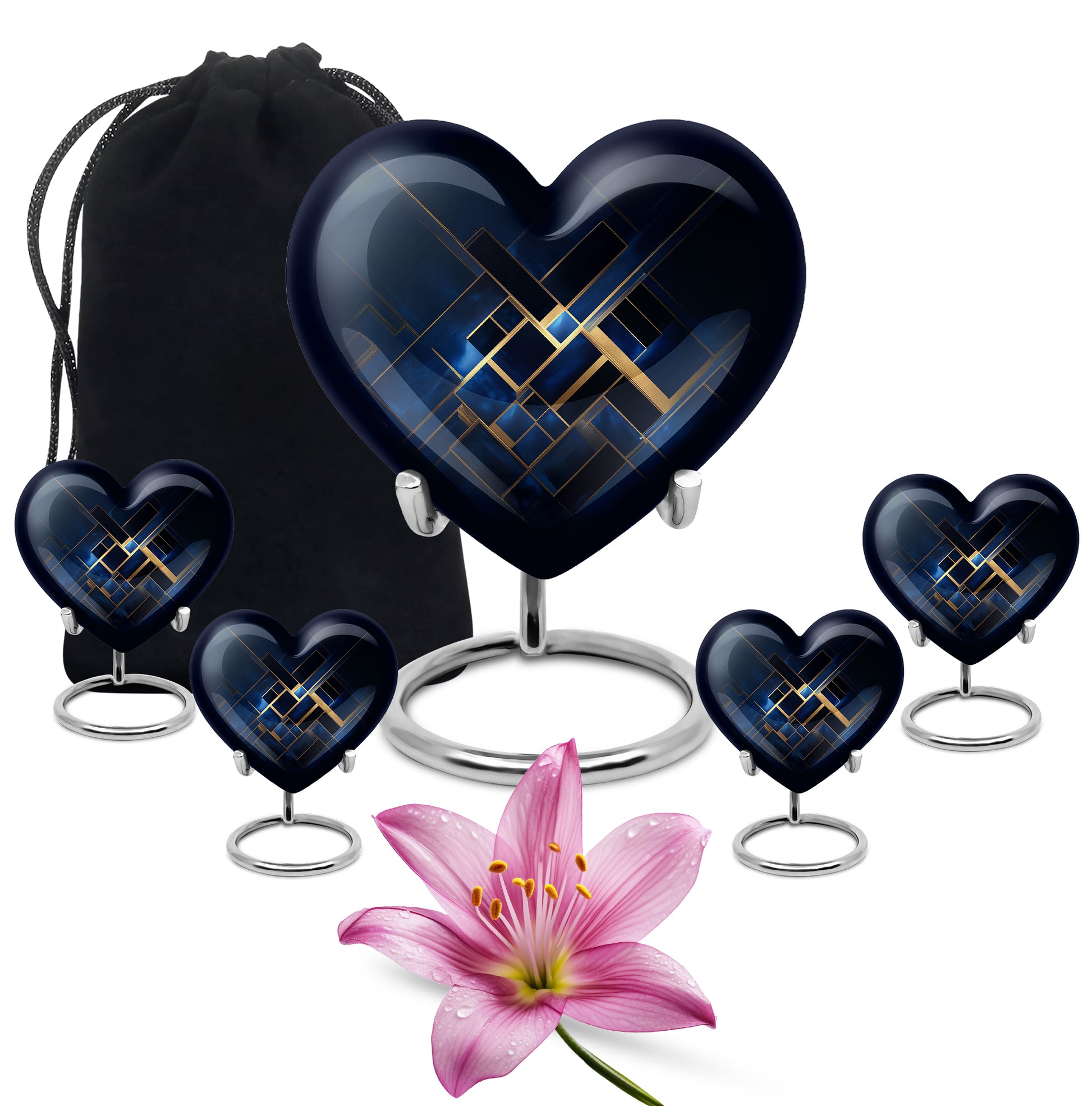 Dusty Blue Blue Cremation Urn close-up of engraving and surface detail - loving heart memorial featuring blue pattern - memorial set with one large and four small urns