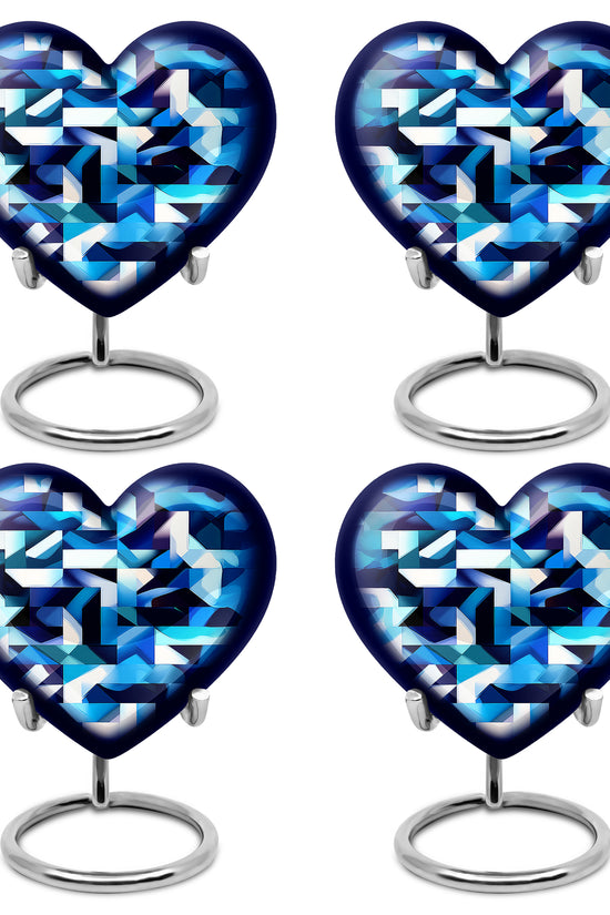 Twilight Blue Blue Cremation Urn angled view of lid and engraved motif - compassionate heart-blue combination with gentle curves - 10 inch aluminum urn for cremated remains
