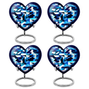 Twilight Blue Blue Cremation Urn angled view of lid and engraved motif - compassionate heart-blue combination with gentle curves - 10 inch aluminum urn for cremated remains