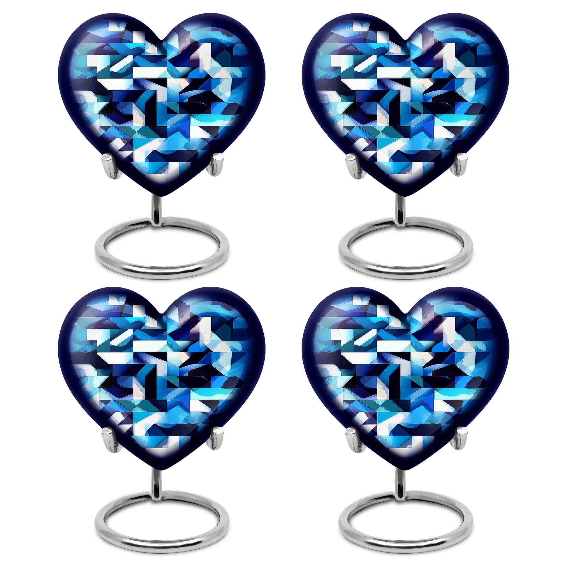 Twilight Blue Blue Cremation Urn angled view of lid and engraved motif - compassionate heart-blue combination with gentle curves - 10 inch aluminum urn for cremated remains