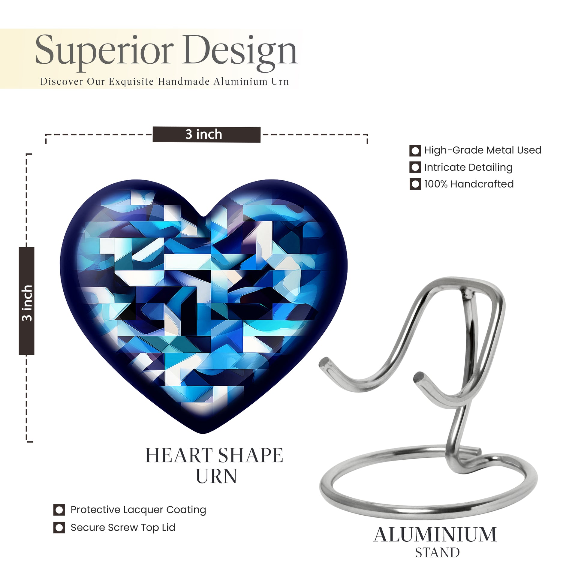 Vivid Blue Blue Cremation Urn front view showing detailed design - compassionate heart-blue combination with gentle curves - mini keepsake memorial for portion of cremation ashes