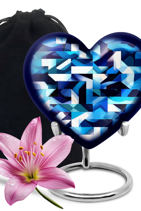 Sapphire Blue Blue Cremation Urn detail view - romantic heart urn with blue motif on aluminum - full-size 10 inch 200 cubic inch adult cremation urn