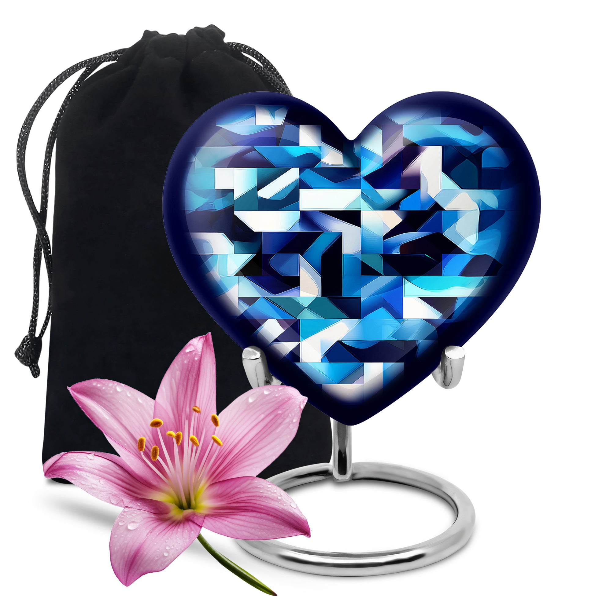 Sapphire Blue Blue Cremation Urn detail view - romantic heart urn with blue motif on aluminum - full-size 10 inch 200 cubic inch adult cremation urn