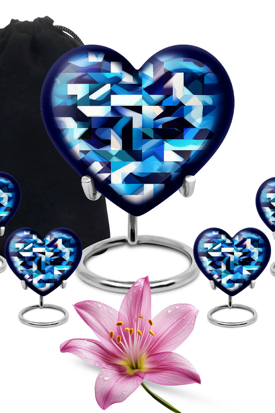 Icy Blue Blue Cremation Urn close-up of engraving and surface detail - heart-shaped blue design symbolizing eternal love - memorial set with one large and four small urns