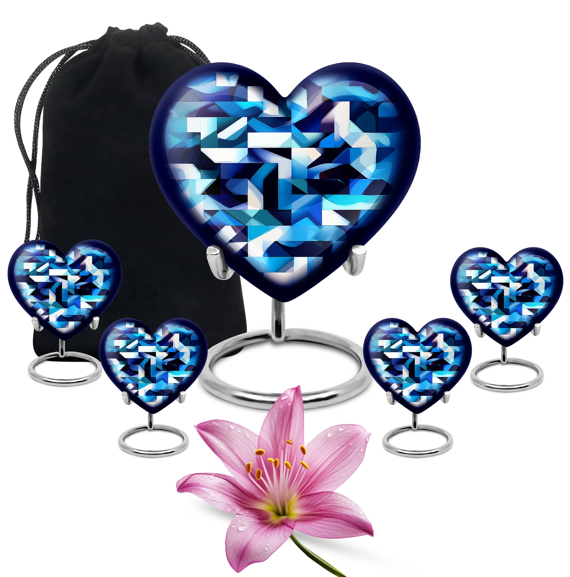 Icy Blue Blue Cremation Urn close-up of engraving and surface detail - heart-shaped blue design symbolizing eternal love - memorial set with one large and four small urns